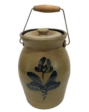 1998 Rowe Pottery Works Salt Glazed Floral Crock Vase 9” Vintage Collectible